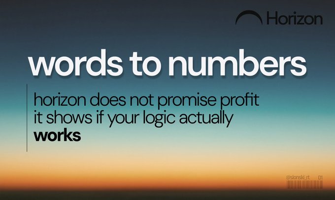 A graphic with text reading 'words to numbers' and 'horizon does not promise profit it shows if your logic actually works', featuring the Horizon logo.