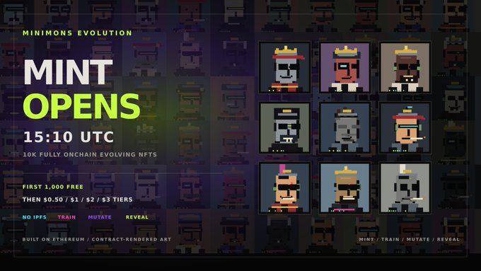 The image features a poster for an event called "MiniMons Evolution mint opens at 15:10 UTC" with a list of MiniMons mints available, including one that has been fully evolved into NFTs. The poster also includes details about the evolution process and how to build a MiniMons mint.