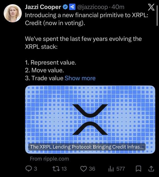 A tweet from Jazzi Cooper (@jazzicoop), Head of Product at Ripple, announces the introduction of a new financial primitive to XRPL—Credit, currently up for voting—as part of evolving the XRPL stack to represent, move, trade, and now lend value, with an attached preview of "The XRPL Lending Protocol: Bringing Credit Infras..." from ripple.com.