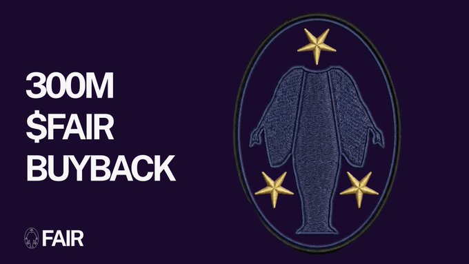 Announcement graphic for a '300M $FAIR BUYBACK' featuring an emblem with an elephant and stars.