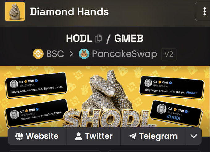 A cryptocurrency token page titled 'Diamond Hands' trading as HODL/GMEB on PancakeSwap V2, featuring tweets from CZ Binance about holding crypto.
