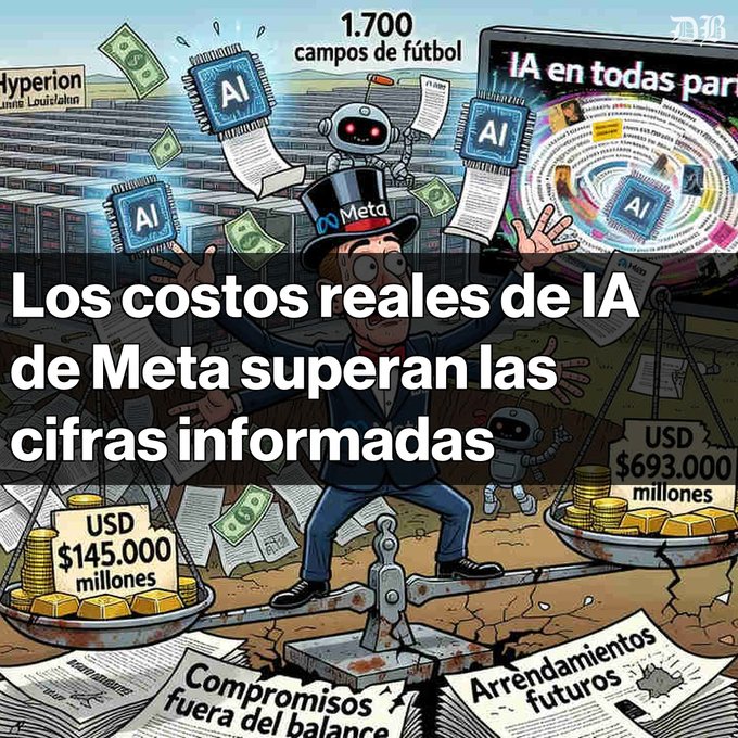 A cartoon illustration with Spanish text 'Los costos reales de IA de Meta superan las cifras informadas', depicting a Meta character on a seesaw balancing USD $145,000 millones against USD $693,000 millones, surrounded by AI-themed imagery.