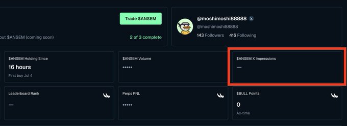 A dashboard for trading $ANSEM (coming soon), highlighting the '$ANSEM X Impressions' field in red, showing 2 of 3 tasks complete and a 16-hour holding period.