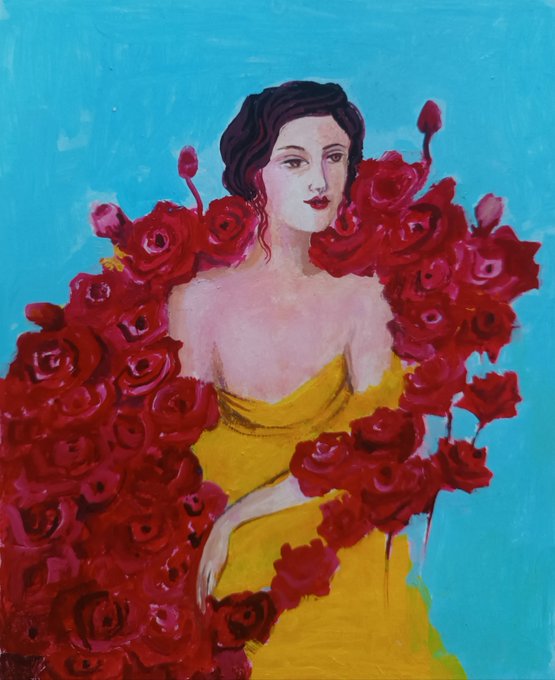 A painted portrait of a dark-haired woman in a yellow gown, surrounded by lush red roses against a turquoise sky, embodies the post's message of quiet artistic truth—inviting viewers to share their own favorite artwork in a moment of serene morning reflection.