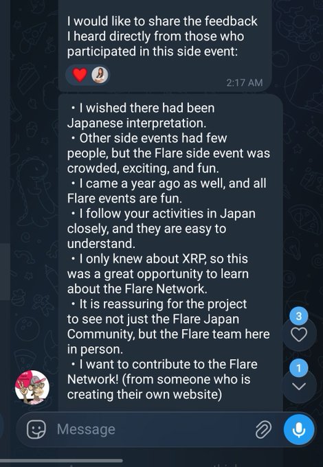 A Telegram message shares participant feedback from a Flare Networks side event in Japan, highlighting positive responses about the event's energy, excitement, and learning opportunities about the Flare Network, alongside suggestions like adding Japanese interpretation. The image supports the post's theme of receiving genuine, constructive feedback from event attendees.