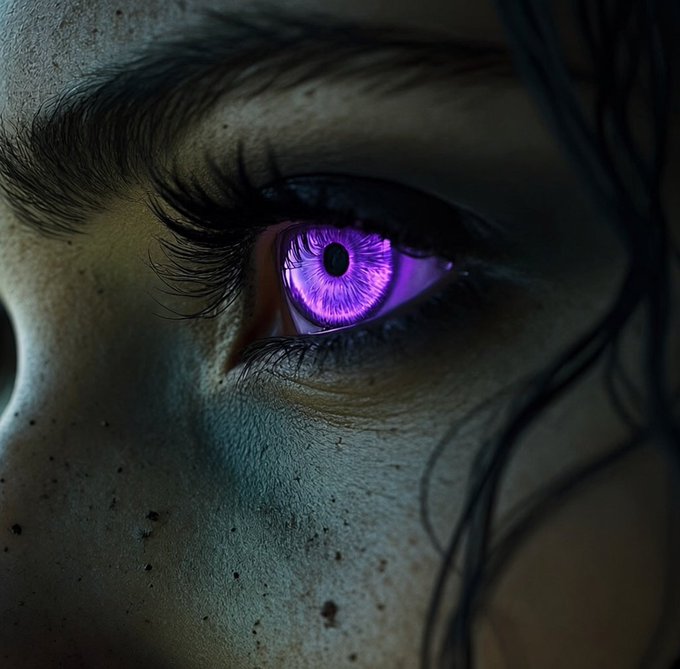 A hyper-realistic close-up of a face showing an eye with an iris glowing in vibrant purple, surrounded by detailed skin texture, dark lashes, and wet-looking strands of hair.