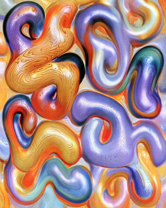 An abstract, colorful artwork featuring swirling, glossy, tubular shapes in shades of purple, orange, gold, blue, and red.