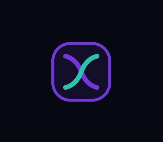 A minimalist app icon featuring a purple rounded square with a teal and purple intertwined 'X' symbol on a dark gray background.