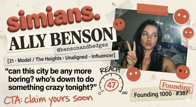 The image features a poster for Simians.com, which has an orange background with white text. The poster includes a photo of a woman posing with a peace sign, accompanied by a caption that reads "Can this city be any more boring? Who's down to do something crazy tonight?". The post also mentions the hashtag #solanamobile and the number 4700, possibly indicating a connection between the image and the Simians.com post.