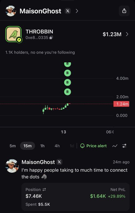 A screenshot shows a trading view of the $THROBBIN token (ticker "THROBBIN", address 0xe8...0335) valued at $1.23M with a current price of 1.24m, posted by "MaisonGhost" who displays a position worth $7.46K with a +29.89% gain, reinforcing the post's claim that $THROBBIN is the next runner.