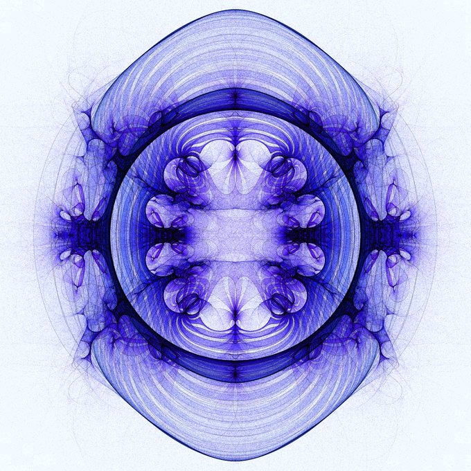 A symmetrical, abstract blue-and-purple circular form resembles a kaleidoscopic eye, flower, or biological cross-section, with mirrored organic and geometric patterns on a white background.