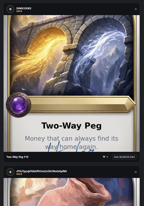 A digital trading card titled 'Two-Way Peg' is displayed on a marketplace interface, showing fantasy artwork of magical arches, with a sold price of 40,000.00 XAH.