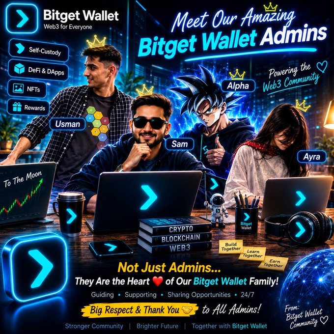 A promotional graphic for 'Bitget Wallet' titled 'Meet Our Amazing Bitget Wallet Admins,' showcasing team members named Usman, Sam, Alpha, and Ayra, highlighting features like Self-Custody, DeFi & DApps, NFTs, and Rewards.