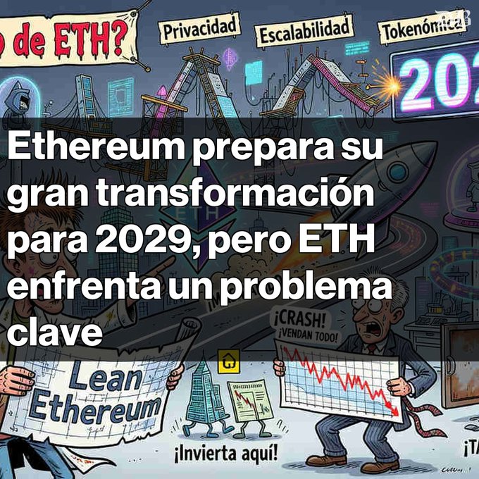 A Spanish-language graphic titled 'Ethereum prepara su gran transformación para 2029, pero ETH enfrenta un problema clave' with cartoon illustrations referencing 'Lean Ethereum', 'Privacidad', 'Escalabilidad', and 'Tokenómica'.