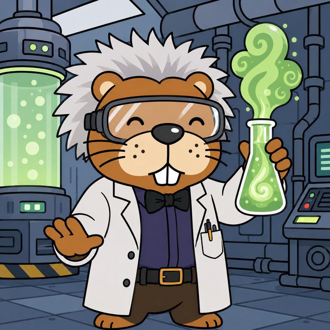 A cartoon illustration of a beaver scientist wearing goggles, a white lab coat, and a bow tie, holding a flask of bubbling green liquid in a laboratory setting.