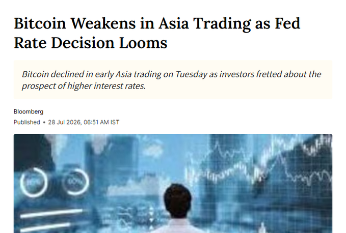 A Bloomberg news article headline reads "Bitcoin Weakens in Asia Trading as Fed Rate Decision Looms", dated 28 Jul 2026, with a subheading about Bitcoin declining due to investor concerns over higher interest rates.