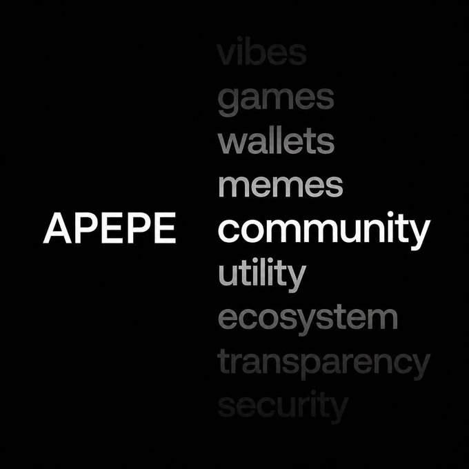 The image displays a vertical list of words on a black background, with "APEPE" highlighted in bold white on the left and a stack of terms (vibes, games, wallets, memes, community, utility, ecosystem, transparency, security) in fading gray on the right. It visually reinforces the post's message by showing "community" as the central, most prominent term, with "vibes" at the top — illustrating how vibes spark culture, which then builds the ecosystem of features listed below.