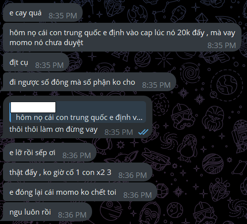 Screenshot of a Vietnamese-language Telegram chat discussing borrowing 20 million VND via Momo wallet to trade meme coins, with messages revealing the person lost nearly everything except about $100, even reversing a long position that wouldn't have stopped out, and declaring they'll sleep now to calm down.