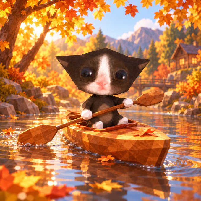 A tiny tuxedo kitten paddles a wooden kayak through a serene autumn river, surrounded by golden leaves and distant mountains.

The image's small, determined cat navigating powerful currents visually echoes the post's caption about "the current nearly won $MICRO," symbolizing a tiny entity struggling against overwhelming forces beyond its control.