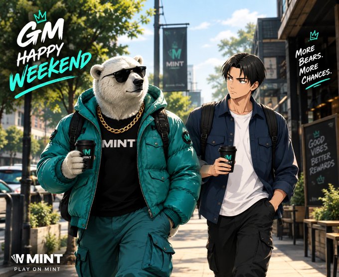 An anime-style 'GM Happy Weekend' promotional illustration for MINT, featuring an anthropomorphic polar bear in sunglasses and a teal puffer jacket alongside a dark-haired young man on a city street.