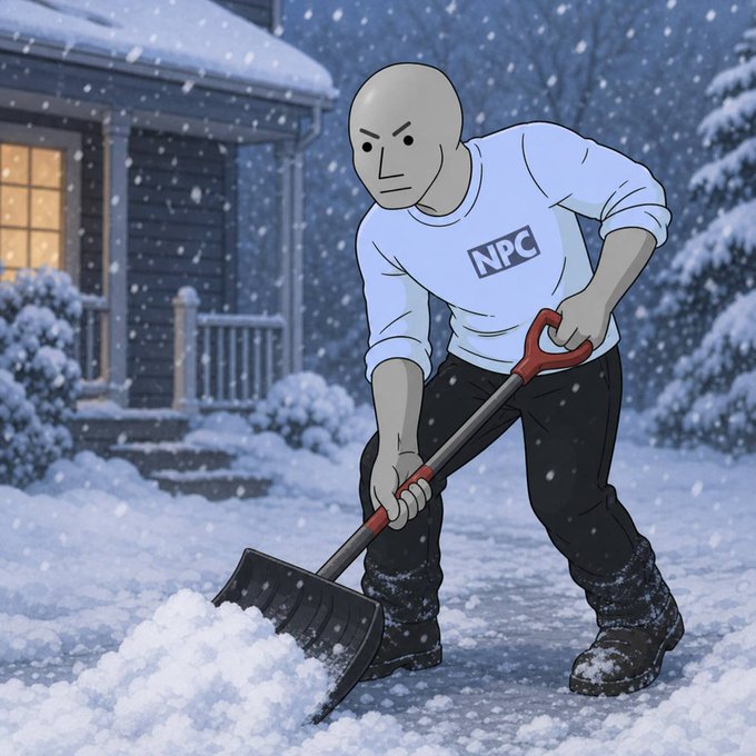 The image shows a bald, stern-faced figure wearing a shirt labeled "NPC" shoveling snow outside a house during a snowfall. The caption relates to the post by visually personifying the "NPC" concept—portraying the meme as a soulless, robotic character doing repetitive, menial work—reinforcing the joke that holding the $NPC token is the alternative to being a brainless background character.