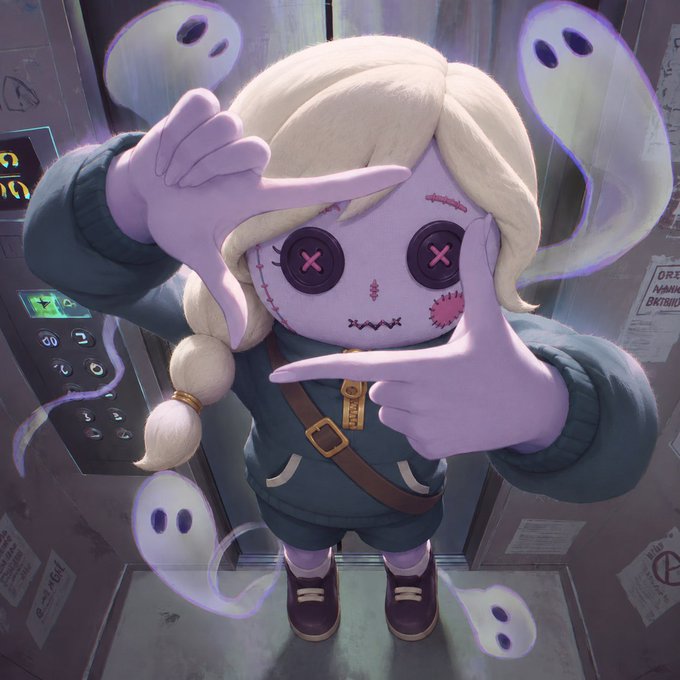 Digital artwork of a creepy doll-like character with blonde hair, button eyes, stitched face, and ghost figures floating around it in an elevator.
