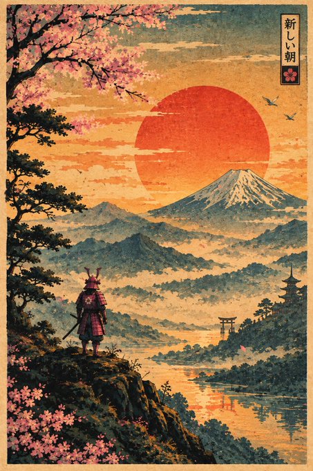 A Japanese woodblock-style illustration featuring a samurai overlooking a sunset with Mount Fuji in the distance, cherry blossoms, a torii gate, and Japanese text '新しい朝' (New Morning).