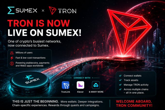 The image features a poster for a cryptocurrency called TRON that is now live on Sumex. The poster showcases a red triangle symbolizing the TRON coin, surrounded by text promoting the platform's expansion into the Web3 space. It also highlights the partnership between Sumex and TRON, which allows users to connect their wallets with the TRON network.