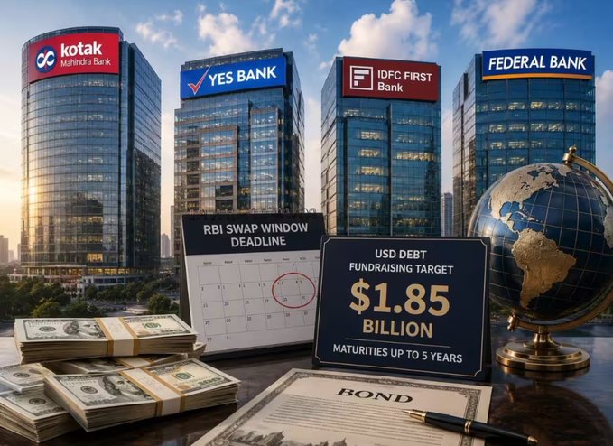 A graphic featuring Indian banks including Kotak Mahindra Bank, YES BANK, IDFC FIRST Bank, and Federal Bank, with text mentioning 'RBI SWAP WINDOW DEADLINE', a 'USD DEBT FUNDRAISING TARGET' of $1.85 BILLION with maturities up to 5 years, and stacks of US dollar bills with a bond certificate.