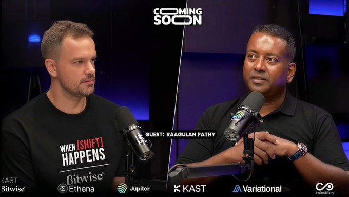 A podcast thumbnail from 'Coming Soon' featuring a guest named 'Raagulan Pathy' being interviewed by a host wearing a 'When [SHIFT] Happens' Bitwise Ethena shirt, with KAST, Jupiter, and Variational sponsor logos.