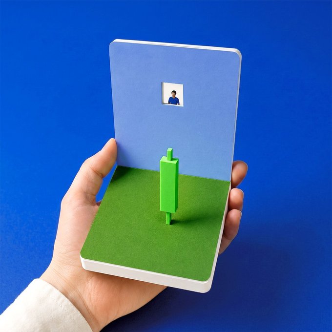 A hand holds an open notebook or book that resembles a miniature diorama with a blue sky and green ground, featuring a small figure and a framed picture.