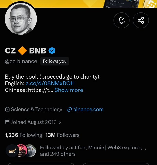 A Twitter profile screenshot for CZ (CZ_BNB, @cz_binance) with 13M followers, promoting a book with proceeds going to charity.