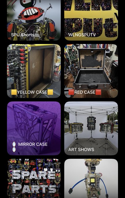 Grid of images showcasing custom electronic art projects including 'SPU Shorts', 'WLNGSPUTV', 'YELLOW CASE', 'RED CASE', 'MIRROR CASE', 'ART SHOWS', and 'SPARE PARTS'.