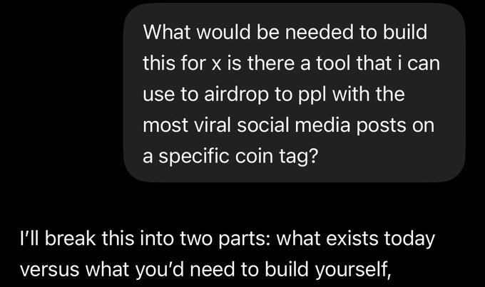 A screenshot of a tweet asking what tools are needed to build an AirDrop app that shares the most viral social media posts for a specific coin ticker, with a reply teasing the start of building a working MVP, tied to the post about quickly building an MVP for $ANSEM.