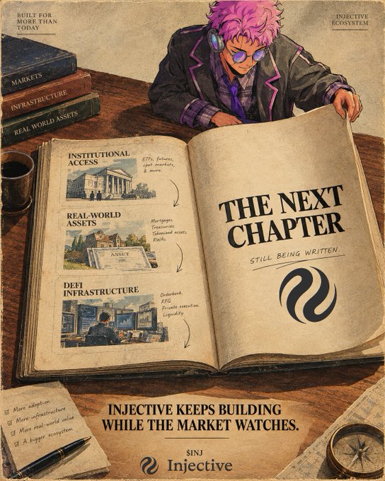 Injective cryptocurrency advertisement showing a character reading a book titled 'THE NEXT CHAPTER' with sections on Institutional Access, Real-World Assets, and DeFi Infrastructure.