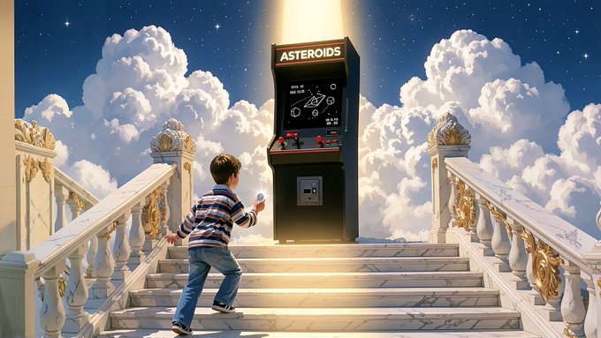 A young boy in a striped sweater climbs a grand marble staircase toward an arcade cabinet labeled "ASTEROIDS," set against a dramatic cloudy sky, perfectly capturing the nostalgic excitement of approaching a beloved game. The image's heavenly setting and ascending steps visually embody the post's reference to a "stellar collection" and anticipation for what's to come.