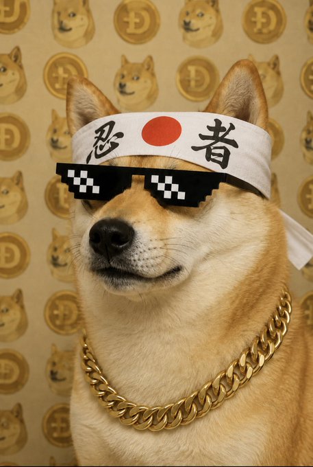 A Shiba Inu dog wears pixelated 'deal with it' sunglasses, a white headband with the Japanese flag and kanji characters, and a thick gold chain, posed against a background patterned with dogecoin logos.