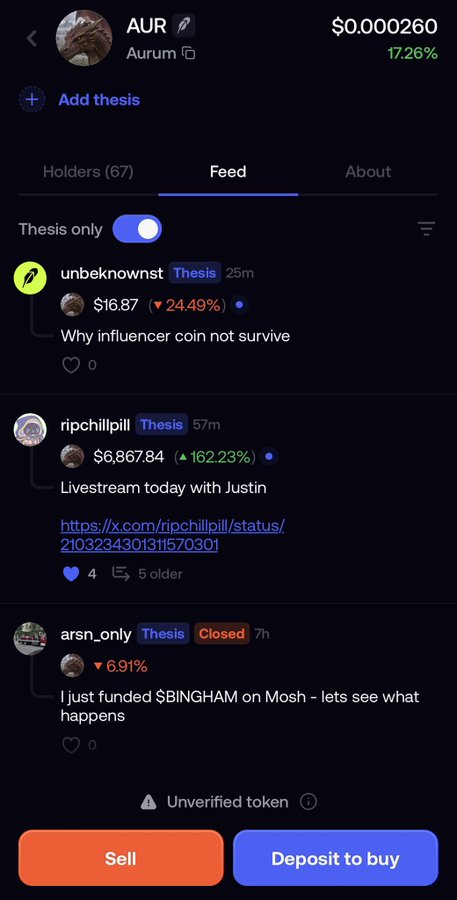 A screenshot of a cryptocurrency token page for AUR (Aurum) priced at $0.0000260 (+17.26%), showing the Feed tab with posts from users including unbeknownst, ripchillpill, and arsn_only, with Sell and Deposit to buy buttons.