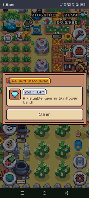 A screenshot of a mobile farm simulation game showing a 'Reward Discovered' notification for a '250 x Gem' in Sunflower Land.