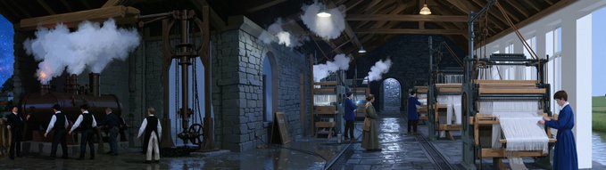 A wide illustration depicting a 19th-century industrial scene, showing workers operating a steam engine on the left while others tend to large mechanical looms on the right, set within a stone and timber workshop filled with steam and shafts of light. The artwork captures the era of mechanized textile manufacturing, fitting the project's theme of revealing a continuous history of technology one piece at a time.