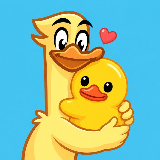 A cartoon illustration of a yellow duck character with large eyes hugging a smaller round yellow duck, with a small red heart floating beside them against a bright blue background.