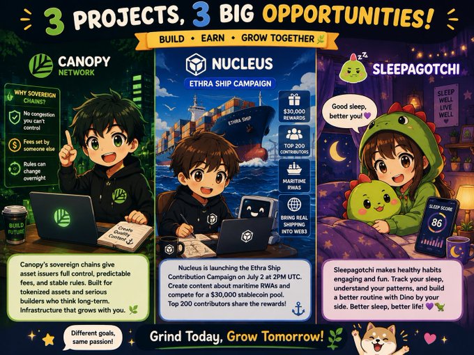 A promotional graphic titled '3 PROJECTS, 3 BIG OPPORTUNITIES!' featuring Canopy Network, Nucleus (Ethra Ship Campaign with $30,000 rewards), and Sleepagotchi, with the tagline 'Build • Earn • Grow Together'.