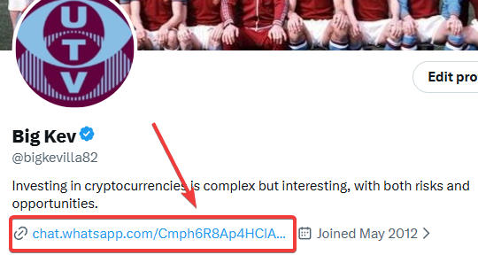 A social media profile for 'Big Kev' (@bigkevlla82) with a tweet about investing in cryptocurrencies and a highlighted WhatsApp link 'chat.whatsapp.com/Cmph6R8Ap4HCIA...' in the bio.