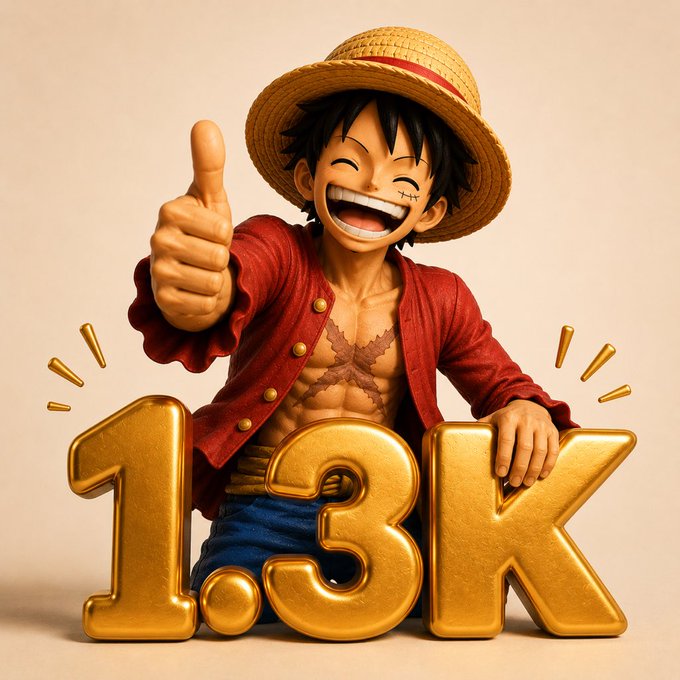 A 3D-rendered anime-style figure of Monkey D. Luffy from One Piece giving a thumbs-up next to large golden '1.3K' text on a beige background.