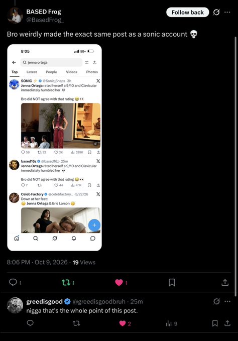 A tweet from @BasedFrog_ shows a screenshot comparing identical posts about Jenna Ortega from a Sonic-related account (@Sonic_Snaps_) and an account called @BasedFllz, with the caption "Bro weirdly made the exact same post as a sonic account 💀," posted on October 9, 2026.