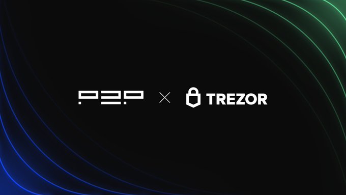 A dark promotional image featuring the logos 'P2P' and 'TREZOR' with a green and blue circular light design in the background.