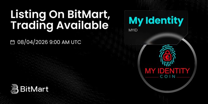 BitMart announces the listing of My Identity ($MYID), with trading available on 08/04/2026 at 9:00 AM UTC and deposits opening on 08/03/2026 at 9:00 AM UTC, as shown in the promotional graphic featuring the BitMart and My Identity logos.