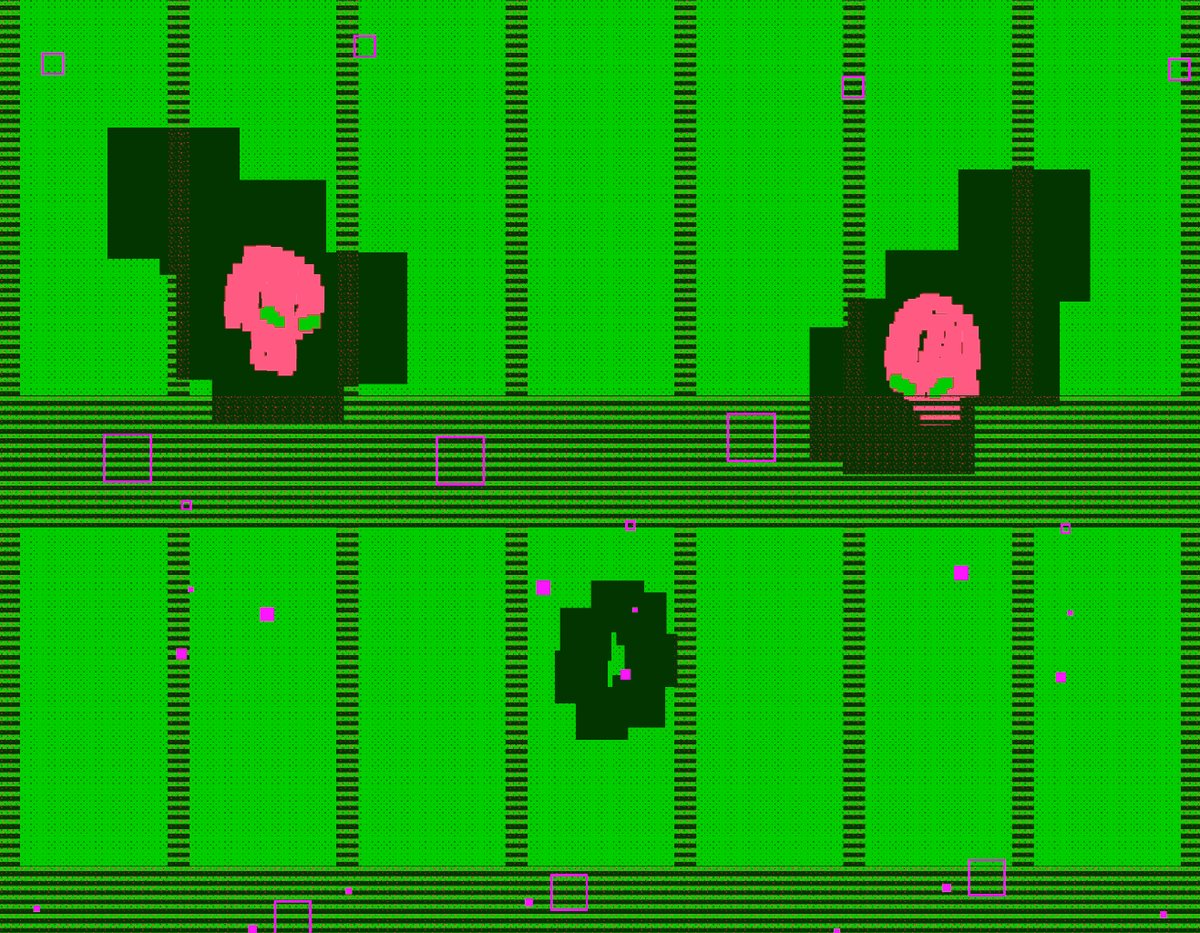 The image features a green background with two pink skulls, one larger than the other, positioned at different points across the frame. The text "CAGE-0 sold for 6.36Ξ opensea.io/assets/ethereu" is present in the image as well. This suggests that the image might be related to a sale or promotion of a product named Cage-0, which could potentially be an item used for gaming purposes. The presence of these two skulls and their positioning on the green background create a visually striking contrast between the pink skull and the green backdrop.