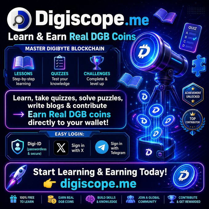 A promotional banner for 'Digiscope.me' advertising a learn-and-earn platform where users can earn real DGB coins through lessons, quizzes, and challenges.