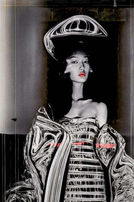 A stylized black and white portrait of a woman wearing an avant-garde hat and metallic reflective dress, with red text overlaid in the center.